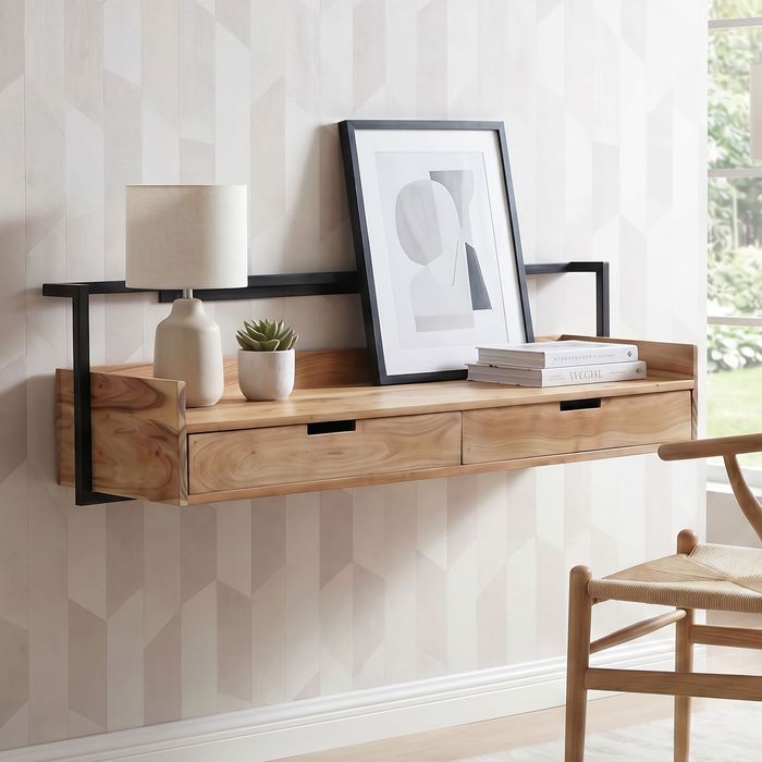 FineBuy Wandschreibtisch Akazie Massivholz 120cm mit 2 Schubladen - Design Schreibtisch für die Wand Hängend mit Stauraum - Schwebend Handmade