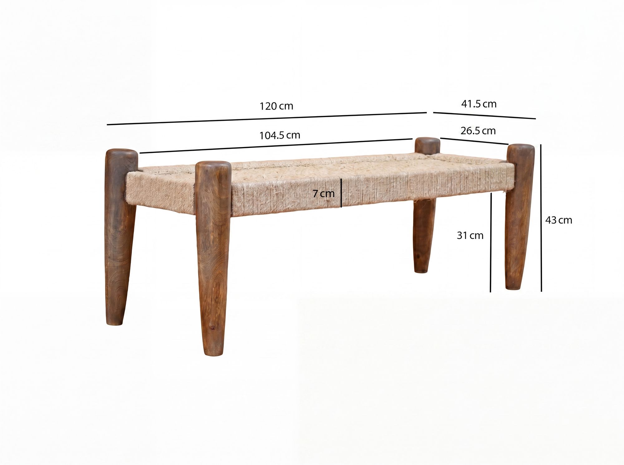 Sitzbank 120cm Jute Flurbank Massivholz Holzbank Bettbank Schlafzimmer Bank – Ansicht 3