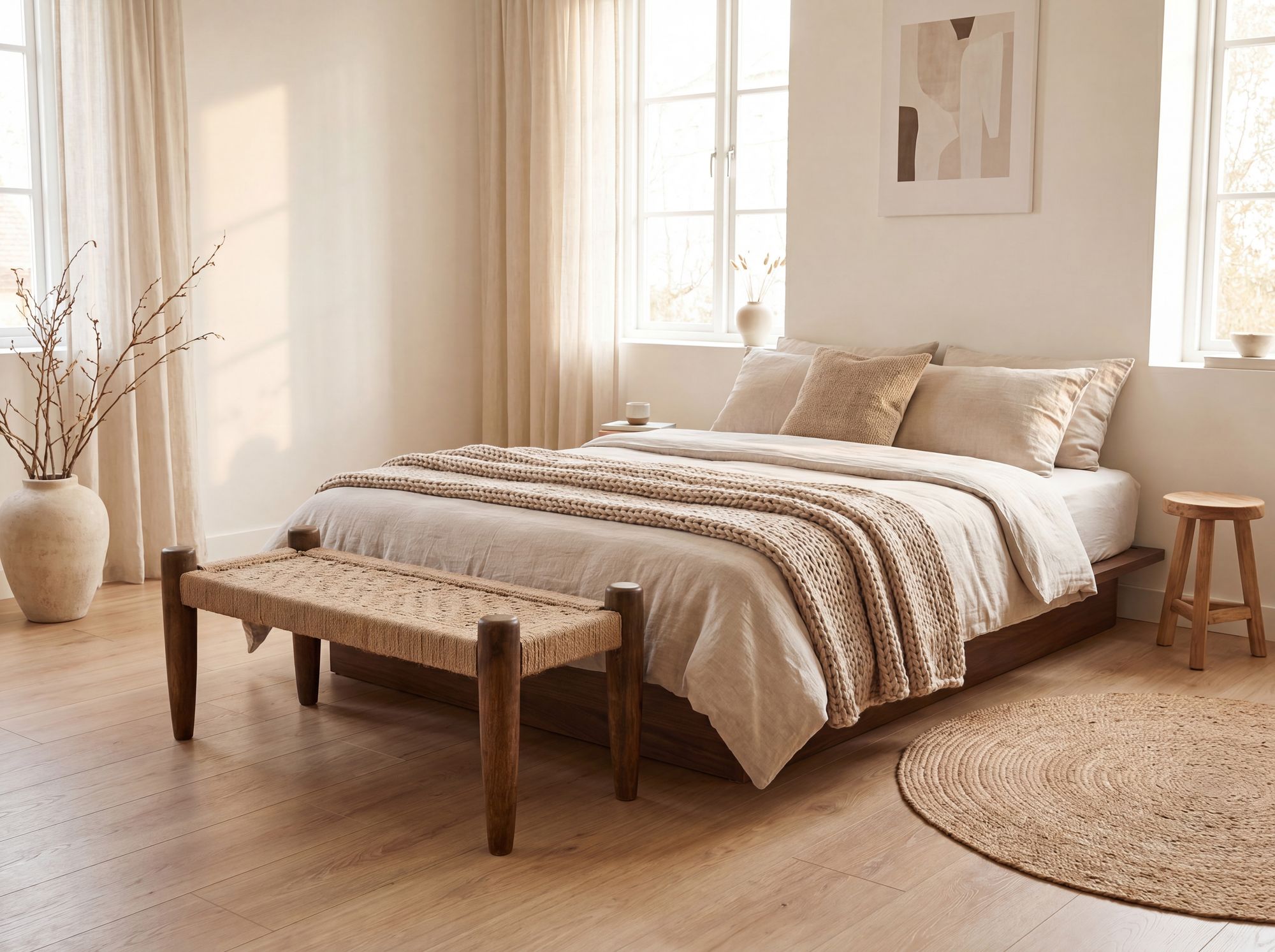 Sitzbank 120cm Jute Flurbank Massivholz Holzbank Bettbank Schlafzimmer Bank – Ansicht 5