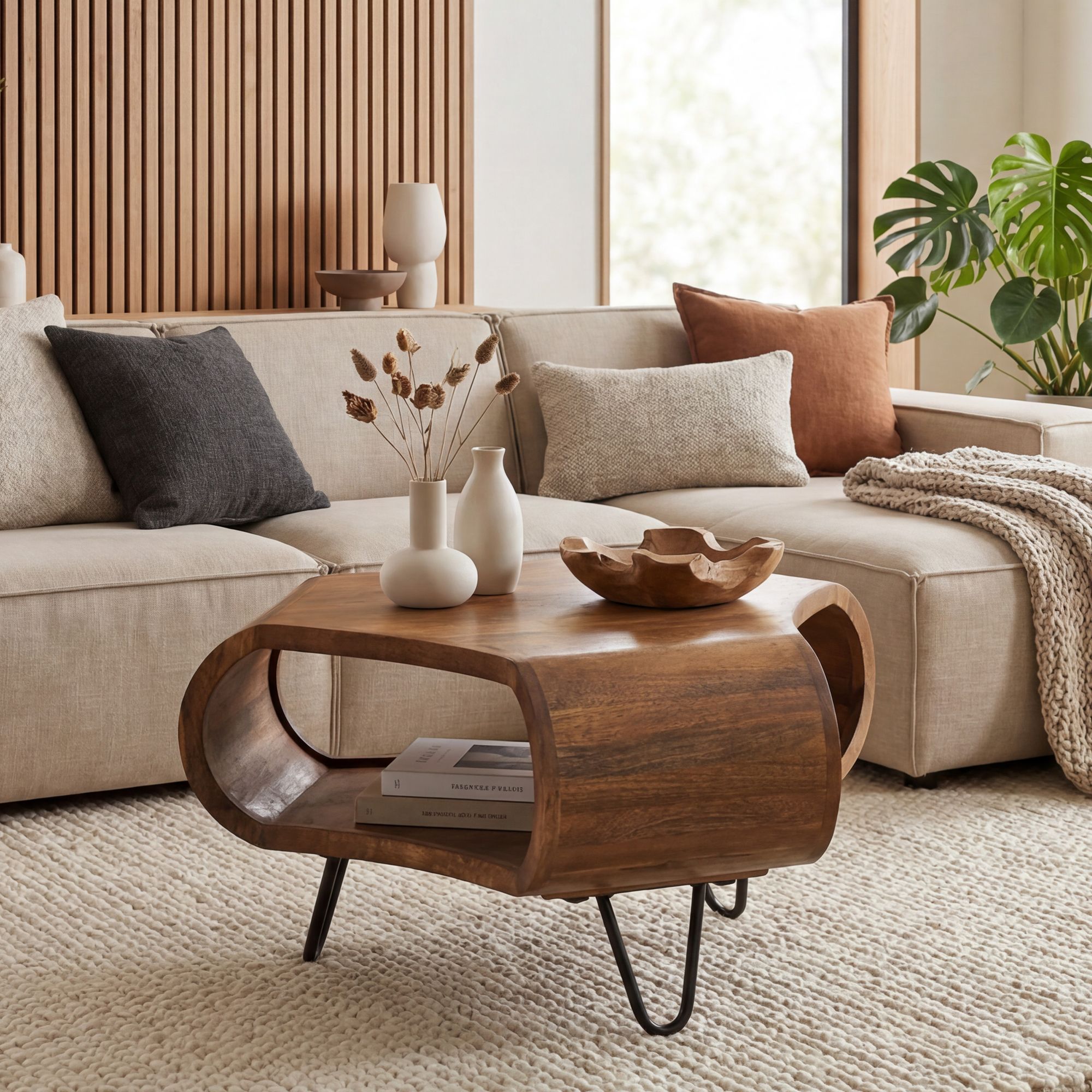 FineBuy Couchtisch Mango Massivholz 60cm Organische Form - Design Wohnzimmertisch mit Stauraum - Sofatisch mit Metallbeine - Beistelltisch mit Ablage Industrial Holz Handmade