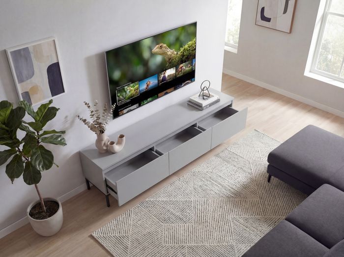 FineBuy Lowboard 150cm TV Kommode Grau Rechteckig mit 3 Schubladen - Design TV Schrank - Fernsehtisch Grifflos - Moderner Fernsehschrank - Fernsehkommode Wohnzimmer