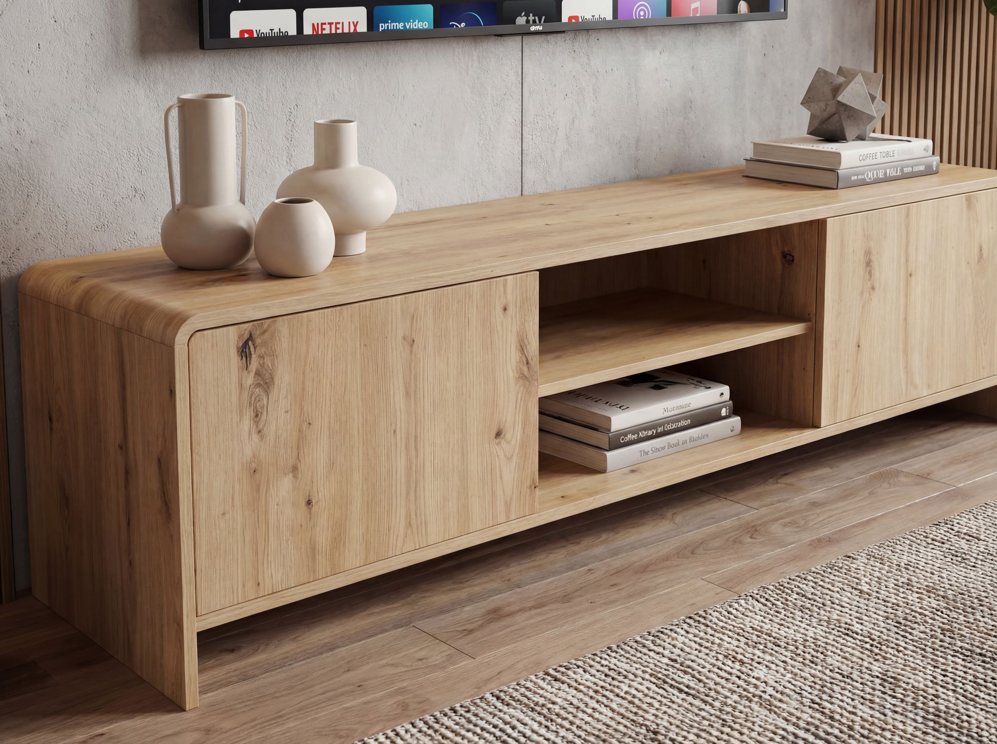 TV Board Lowboard Fernsehschrank Eiche Dekor 155cm TV Schrank 2 Türen Ablage – Ansicht 5