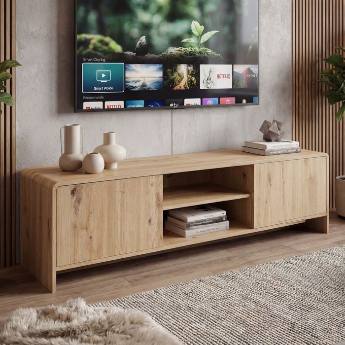 TV Board Lowboard Fernsehschrank Eiche Dekor 155cm TV Schrank 2 Türen Ablage