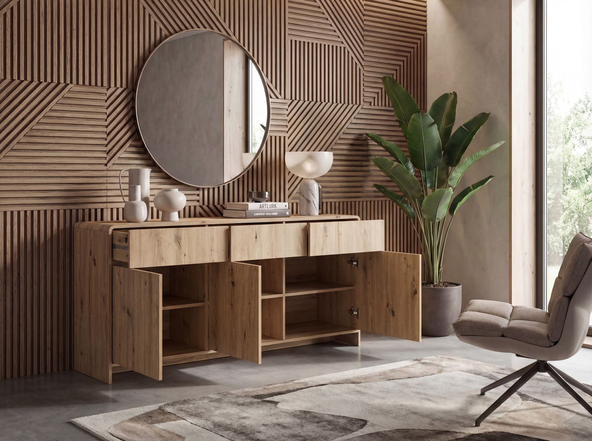 Sideboard Eiche Dekor 155cm Kommode Anrichte Standschrank mit Türen Schubladen – Ansicht 4