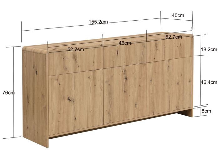 Sideboard Eiche Dekor 155cm Kommode Anrichte Standschrank mit Türen Schubladen – Maßzeichnung