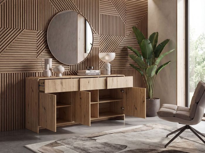 FineBuy Sideboard Eiche Dekor 155cm - Kommode mit 3 Türen und 3 Schubladen - Design Anrichte Grifflos Push to Open Modern