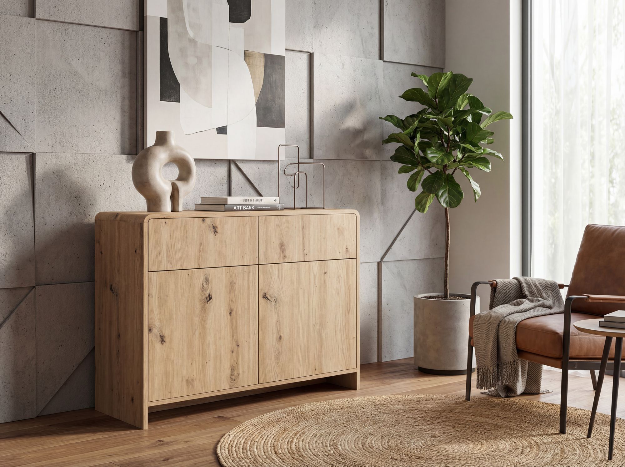 Sideboard Eiche Dekor 88cm Kommode Anrichte Standschrank mit Türen Schubladen – Ansicht 2