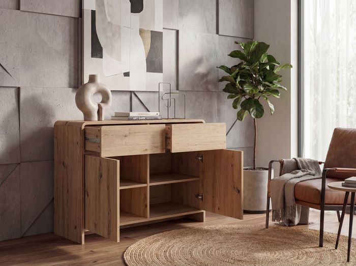 FineBuy Sideboard Eiche Dekor 88cm - Kommode mit 2 Türen und 2 Schubladen - Design Anrichte Grifflos Push to Open Modern