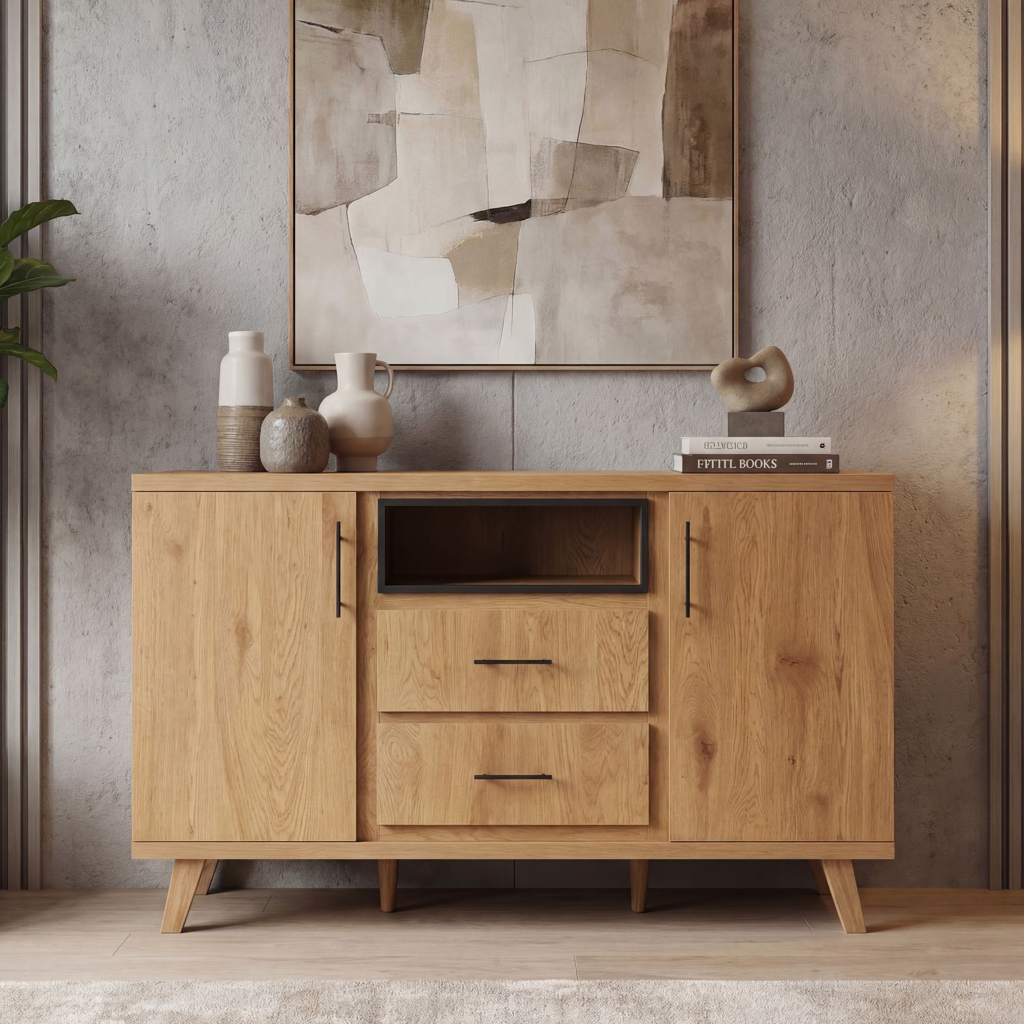 Sideboard Eiche Dekor 150cm Kommode Anrichte Standschrank mit Türen Schubladen – Ansicht 1