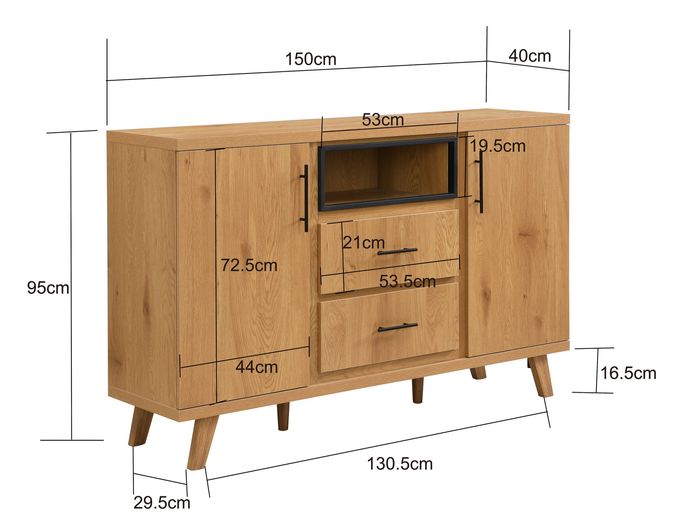 Sideboard Eiche Dekor 150cm Kommode Anrichte Standschrank mit Türen Schubladen – Maßzeichnung