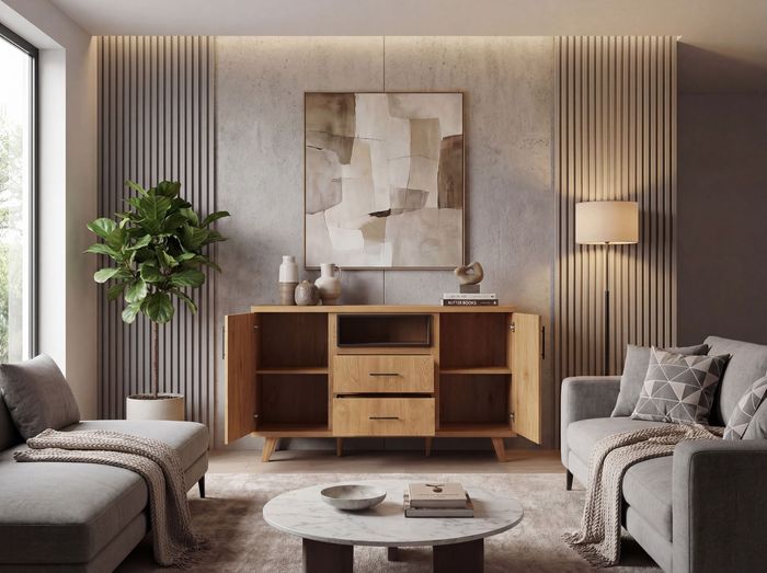 FineBuy Sideboard Eiche Dekor 150cm - Kommode mit 2 Türen und 2 Schubladen - Design Anrichte offenes Ablagefach - Standschrank Modern