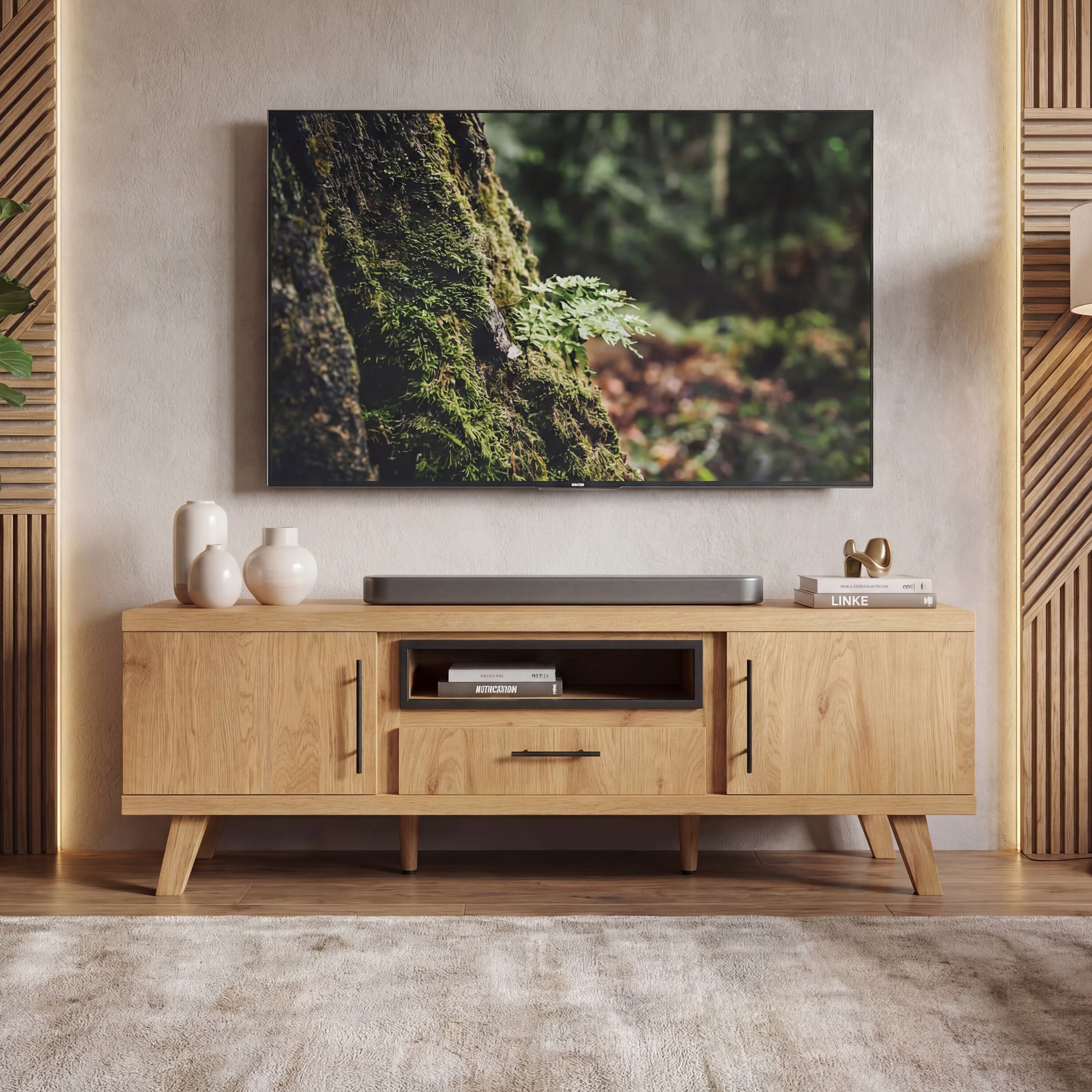 TV Board Lowboard Fernsehschrank Eiche Dekor 150cm TV Schrank Türen Schublade – Ansicht 1