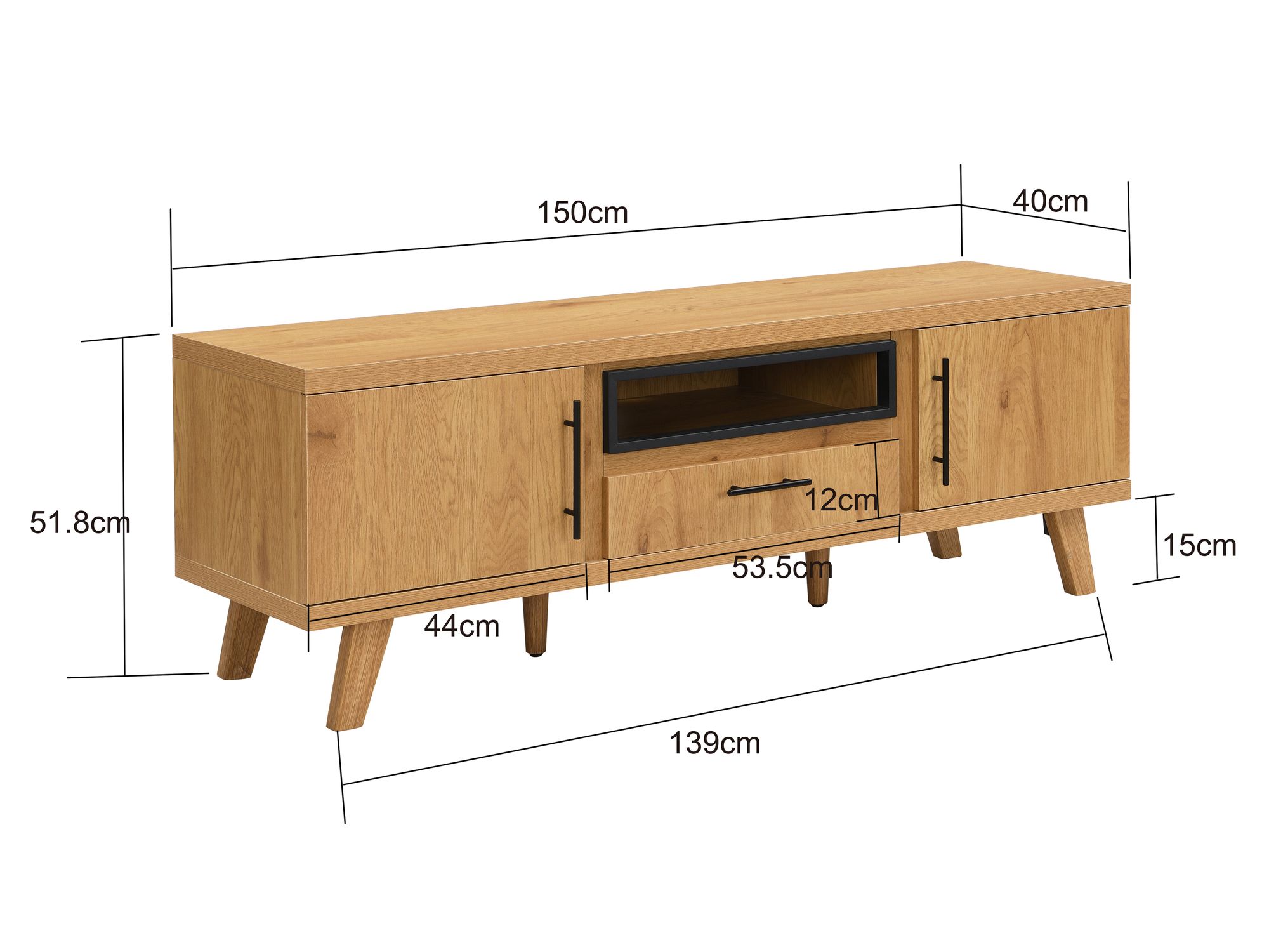 TV Board Lowboard Fernsehschrank Eiche Dekor 150cm TV Schrank Türen Schublade – Ansicht 3