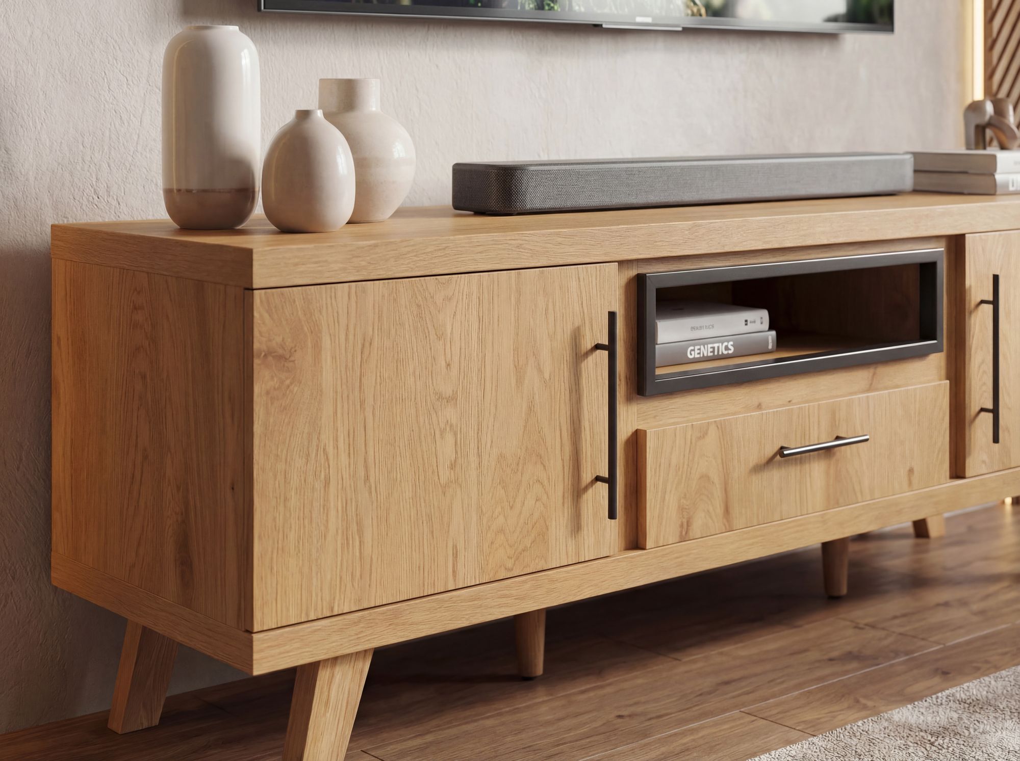 TV Board Lowboard Fernsehschrank Eiche Dekor 150cm TV Schrank Türen Schublade – Ansicht 5