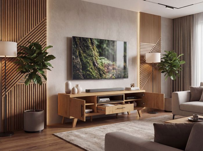 FineBuy TV Lowboard 150cm Eiche Dekor - Moderner Fernsehschrank mit 2 Türen und Schublade - Stilvolle Fernsehkommode TV Kommode - Elegante TV Anrichte fürs Wohnzimmer