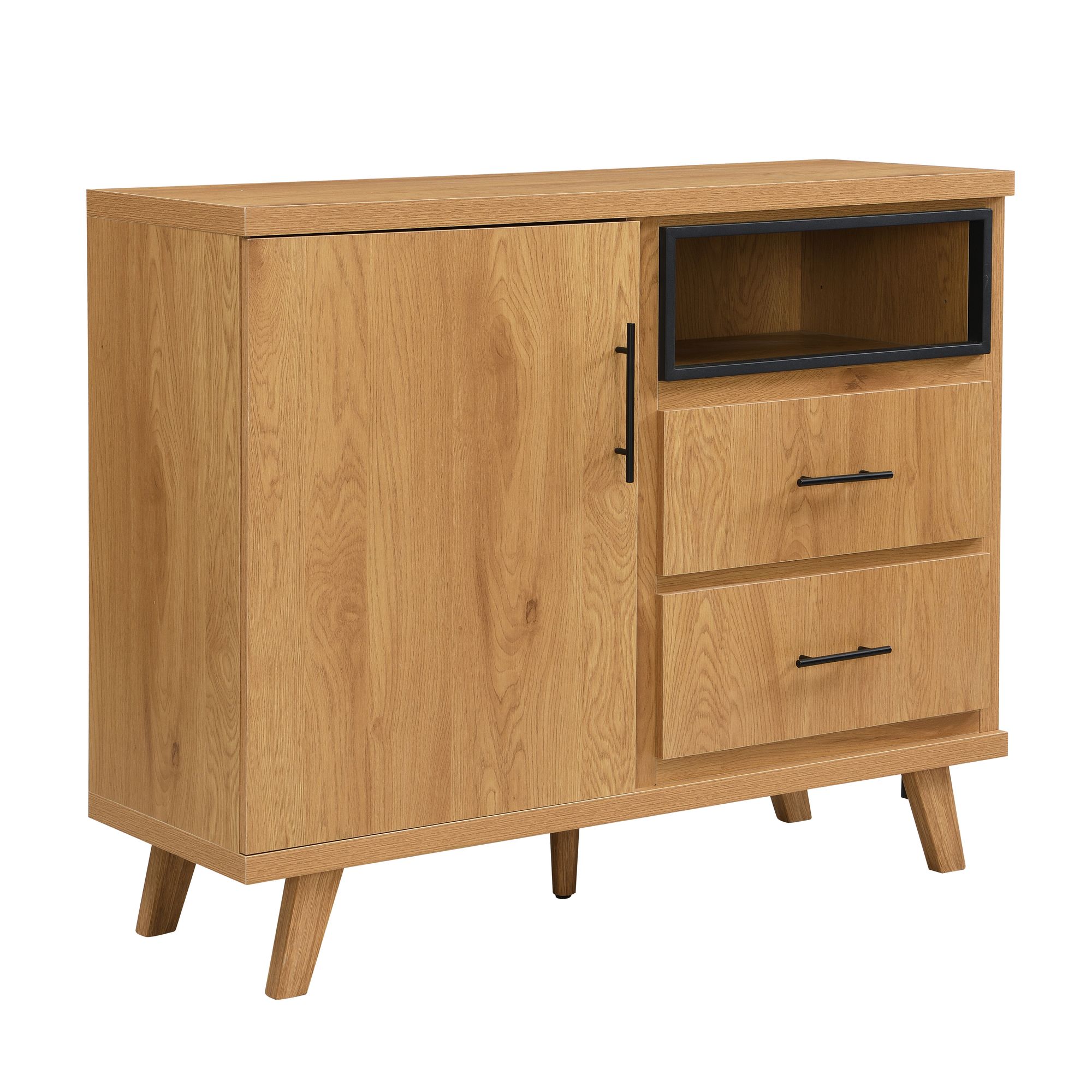 FineBuy Sideboard Eiche Dekor 116cm - Kommode mit Tür und 2 Schubladen - Design Anrichte offenes Ablagefach - Standschrank Modern | Farbe: Braun