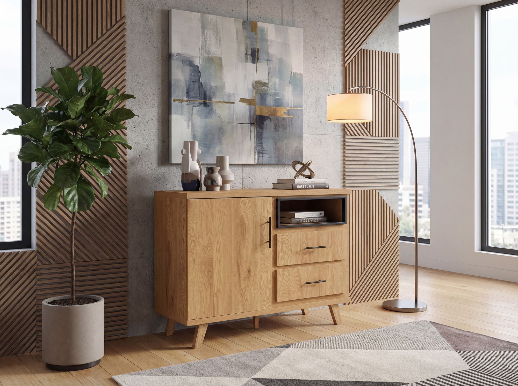 Sideboard Eiche Dekor 116cm Kommode Anrichte Standschrank mit Tür 2 Schubladen – Ansicht 2