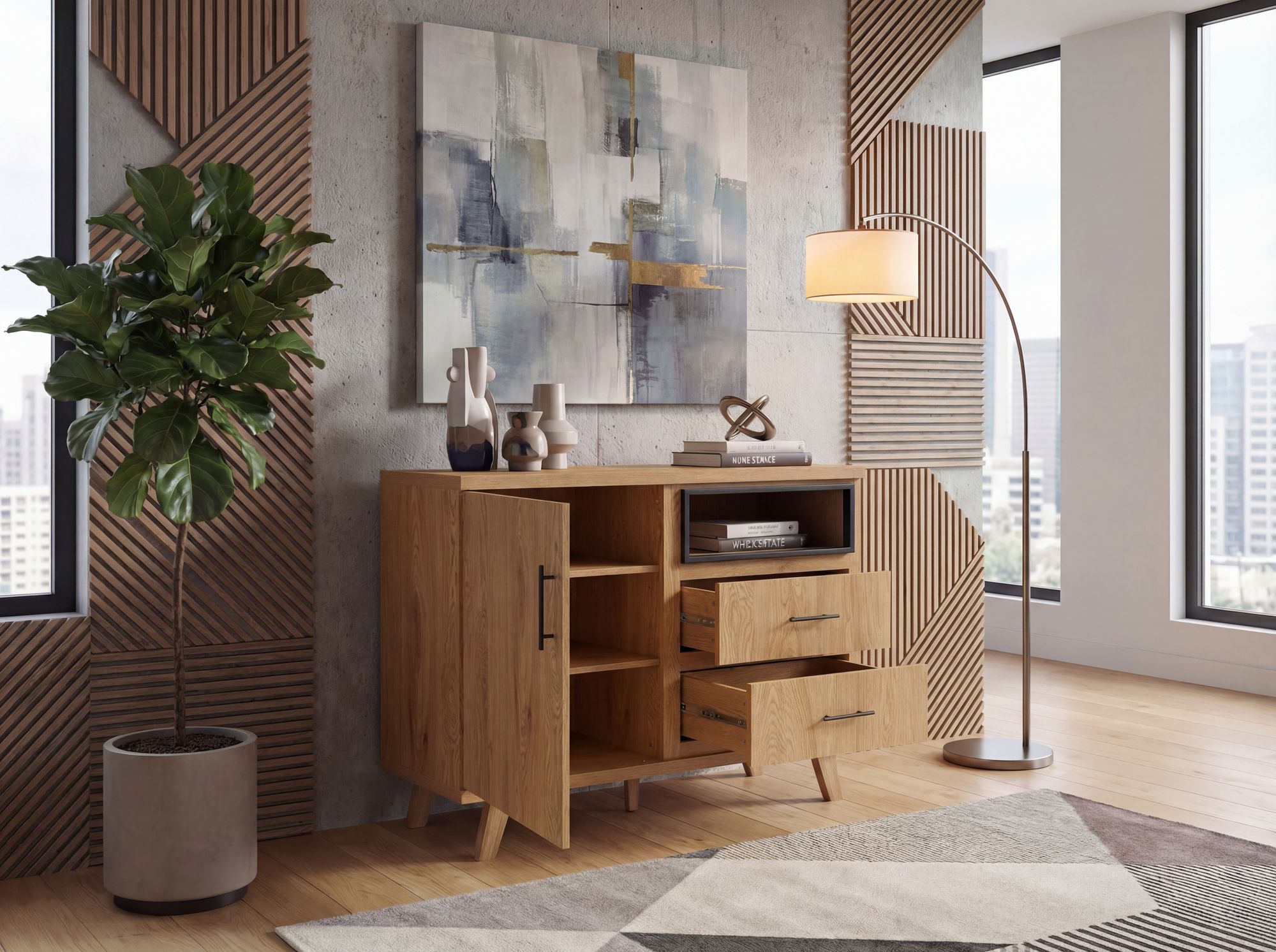 Sideboard Eiche Dekor 116cm Kommode Anrichte Standschrank mit Tür 2 Schubladen – Ansicht 4