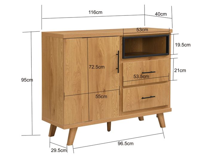 Sideboard Eiche Dekor 116cm Kommode Anrichte Standschrank mit Tür 2 Schubladen – Maßzeichnung
