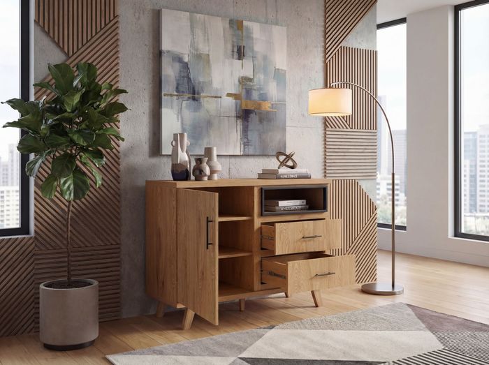 FineBuy Sideboard Eiche Dekor 116cm - Kommode mit Tür und 2 Schubladen - Design Anrichte offenes Ablagefach - Standschrank Modern