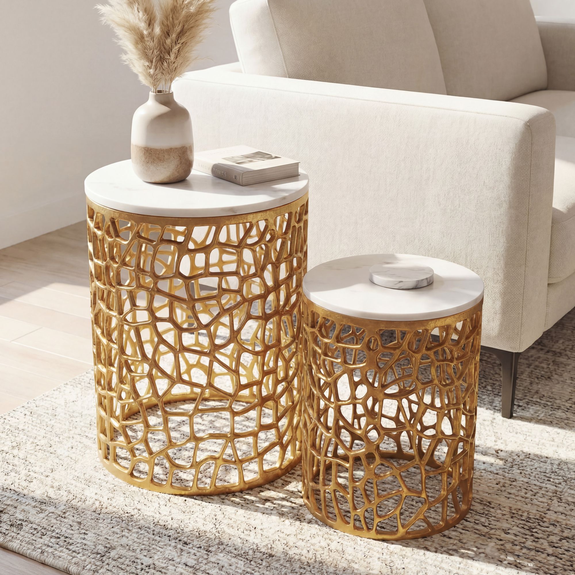 2er Set Couchtisch gold Marmor rund Wohnzimmertisch Beistelltisch Satztisch Alu – Ansicht 1