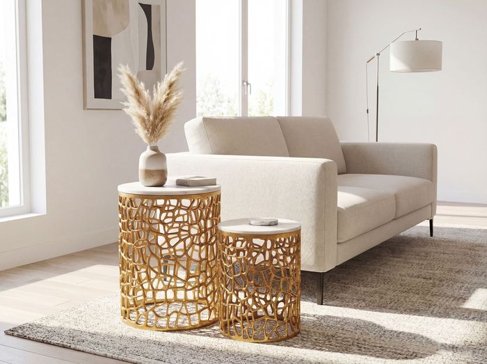 FineBuy 2er Set Couchtisch Gold mit weißer Marmor Tischplatte - Wohnzimmer Tisch Satztisch rund - Beistelltisch Alu modern - Sofatisch Set Aluminium Metallgestell Design Handmade