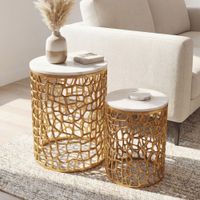 2er Set Couchtisch gold Marmor rund Wohnzimmertisch Beistelltisch Satztisch Alu – Ansicht 1