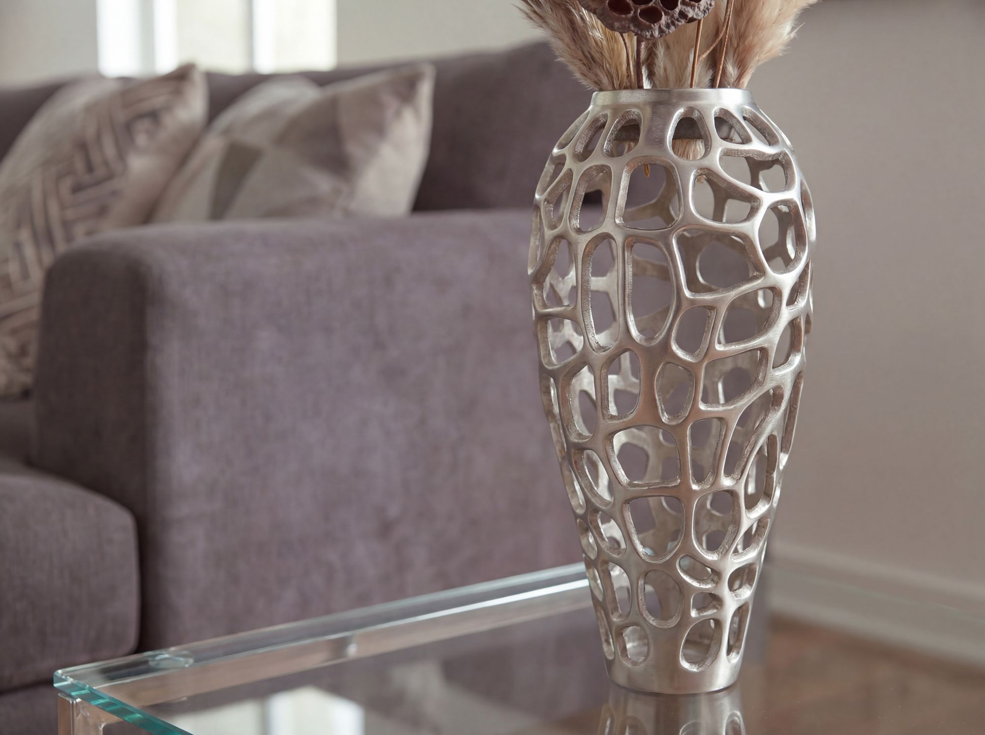 Vase Aluminium Silber Blumenvase Bodenvase Wohndeko Groß Rund Dekovase Handmade – Ansicht 5