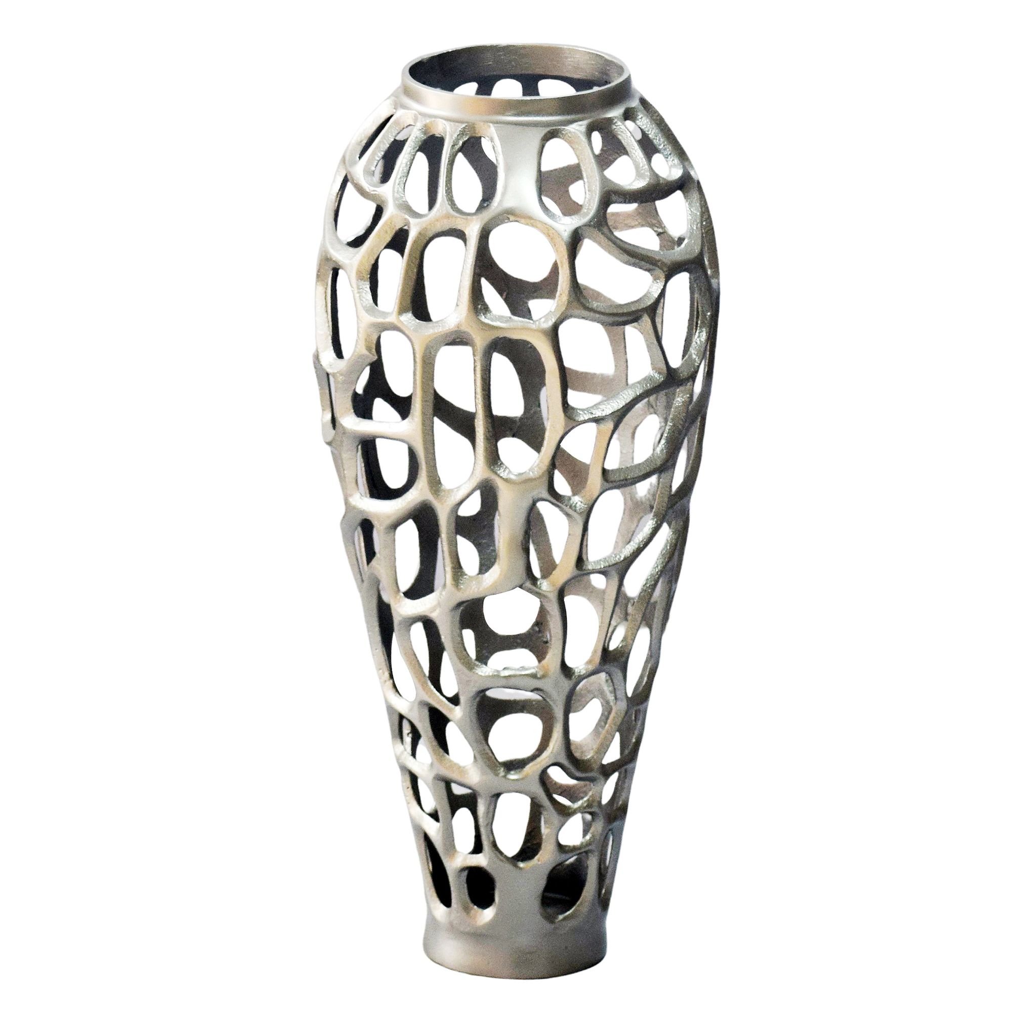 FineBuy Bodenvase Aluminium Silber - Design Blumenvase Groß - Metallvase Modern - Dekovase rund für Trockenblumen - Standvase Hoch - Wohnzimmer Deko - Wohndeko Handmade