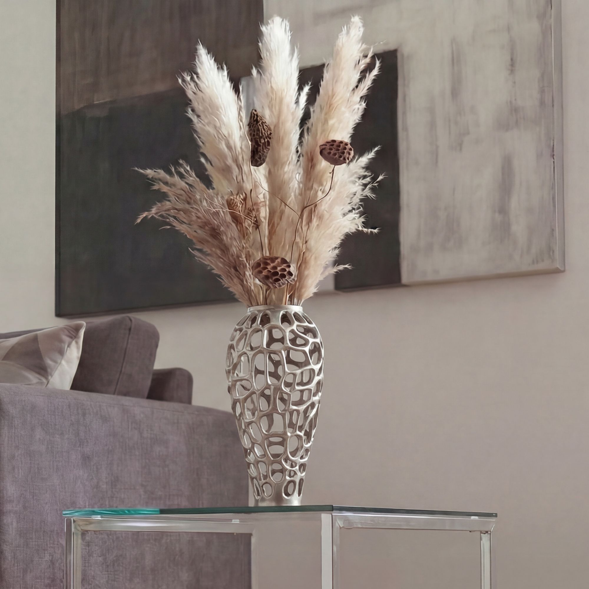 FineBuy Bodenvase Aluminium Silber - Design Blumenvase Groß - Metallvase Modern - Dekovase rund für Trockenblumen - Standvase Hoch - Wohnzimmer Deko - Wohndeko Handmade
