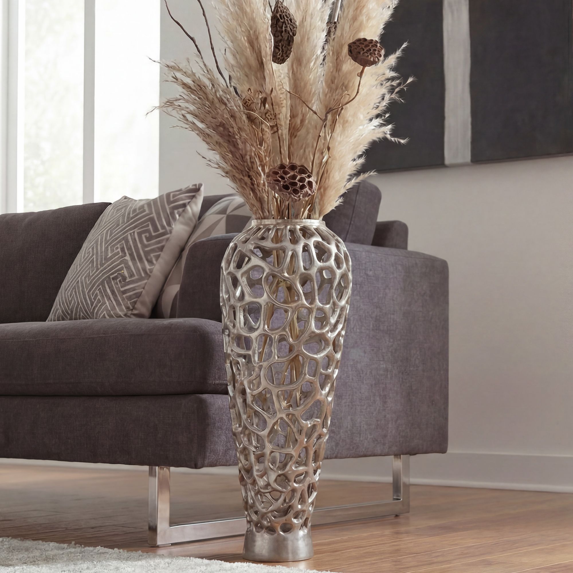 Vase Aluminium Silber Blumenvase Bodenvase Wohndeko Groß Rund Dekovase Handmade – Ansicht 1