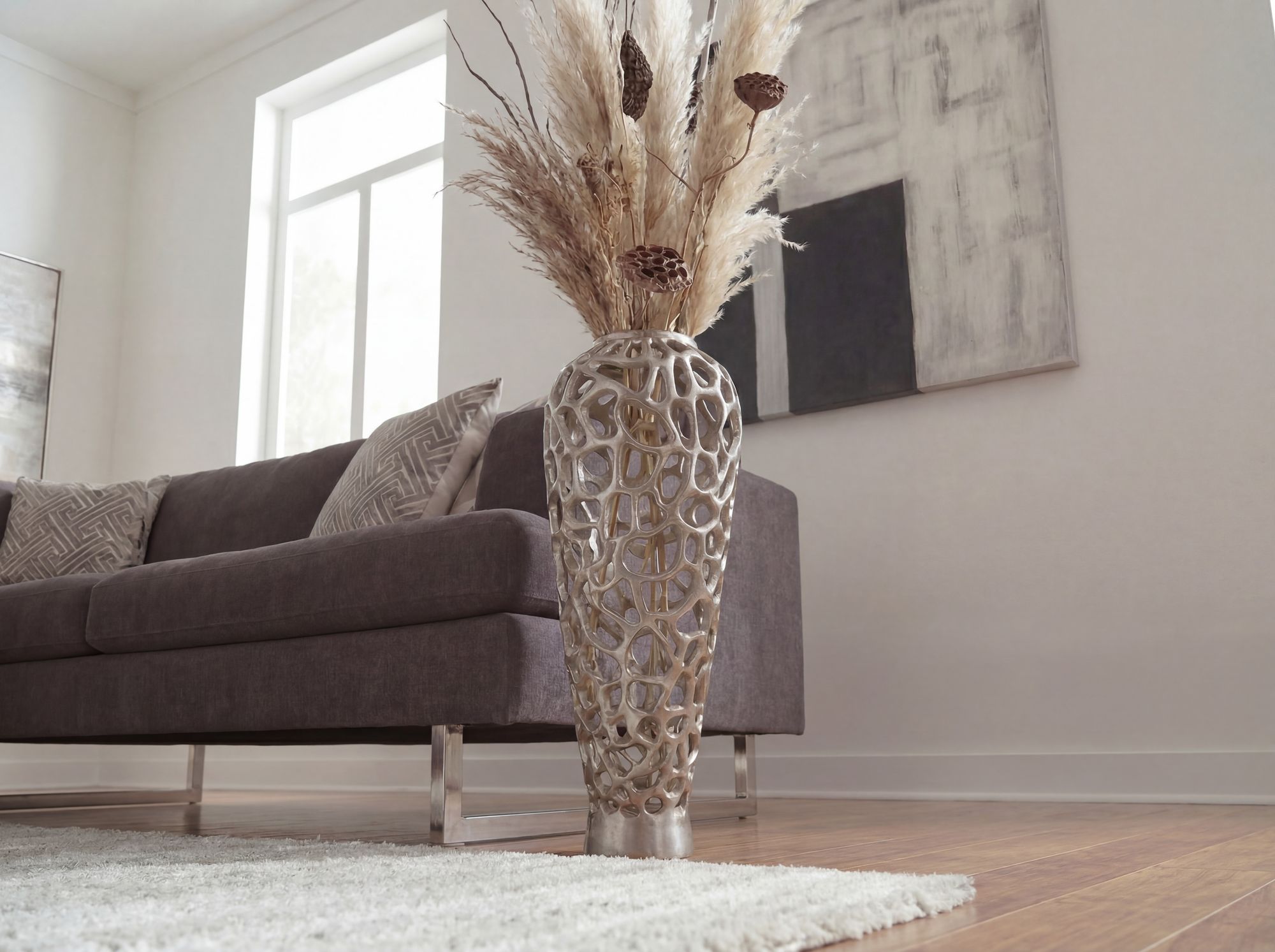 Vase Aluminium Silber Blumenvase Bodenvase Wohndeko Groß Rund Dekovase Handmade – Ansicht 5