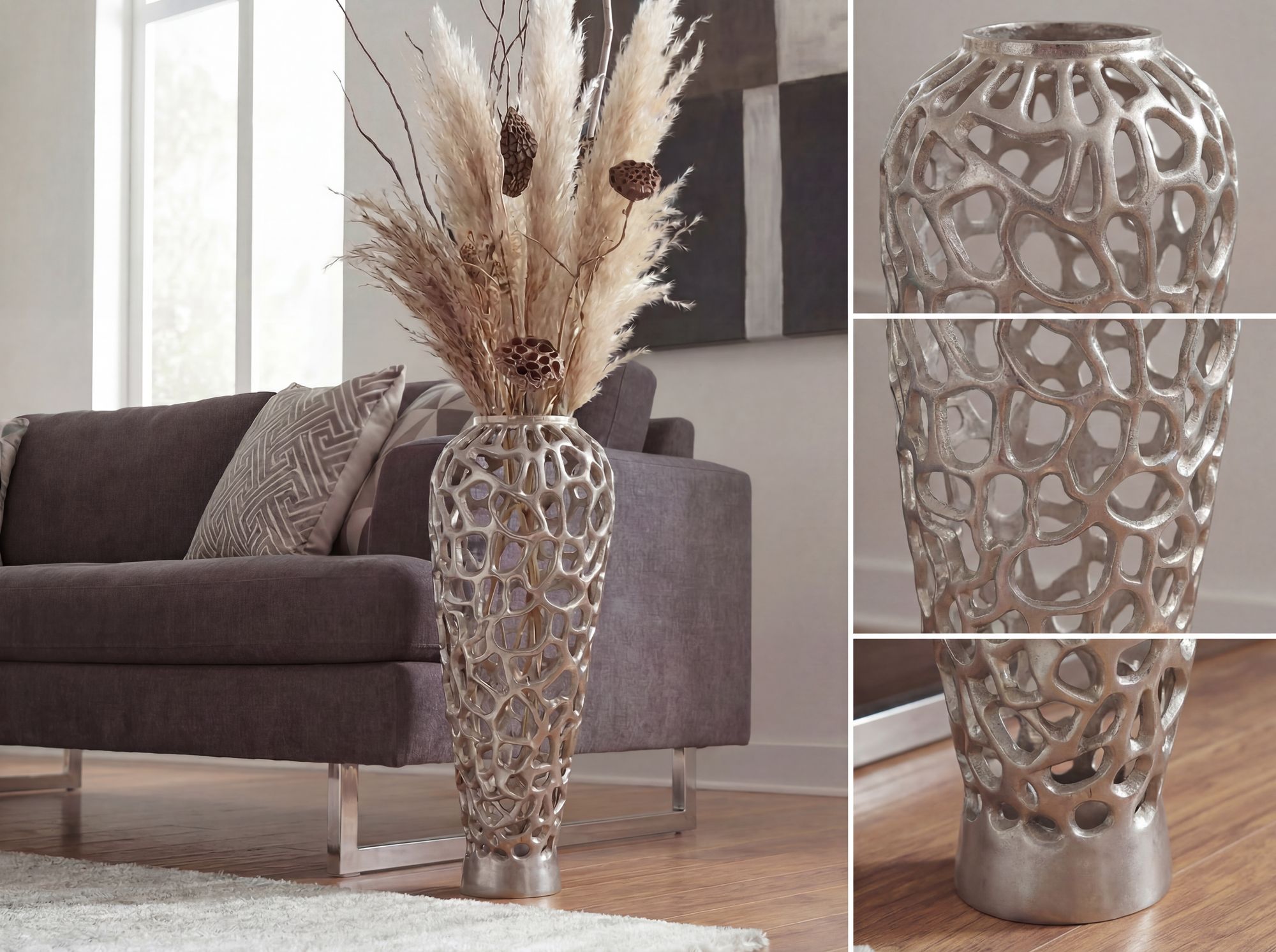 Vase Aluminium Silber Blumenvase Bodenvase Wohndeko Groß Rund Dekovase Handmade – Ansicht 4