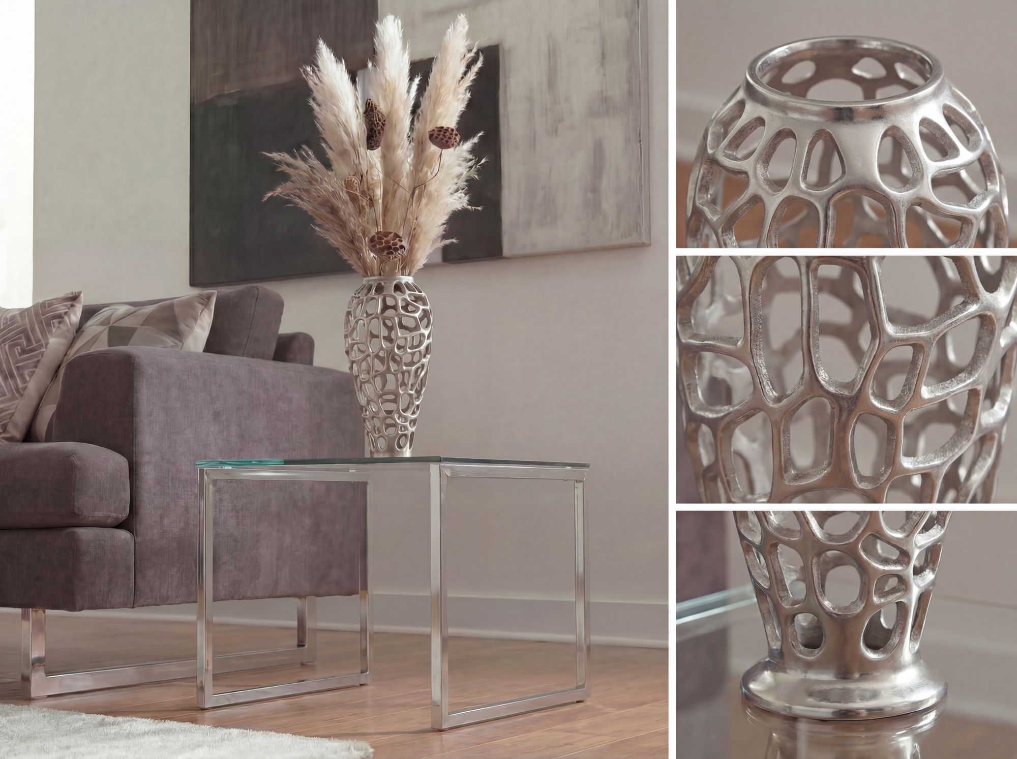 Vase Aluminium Silber Blumenvase Bodenvase Wohndeko Groß Rund Dekovase Handmade – Ansicht 4