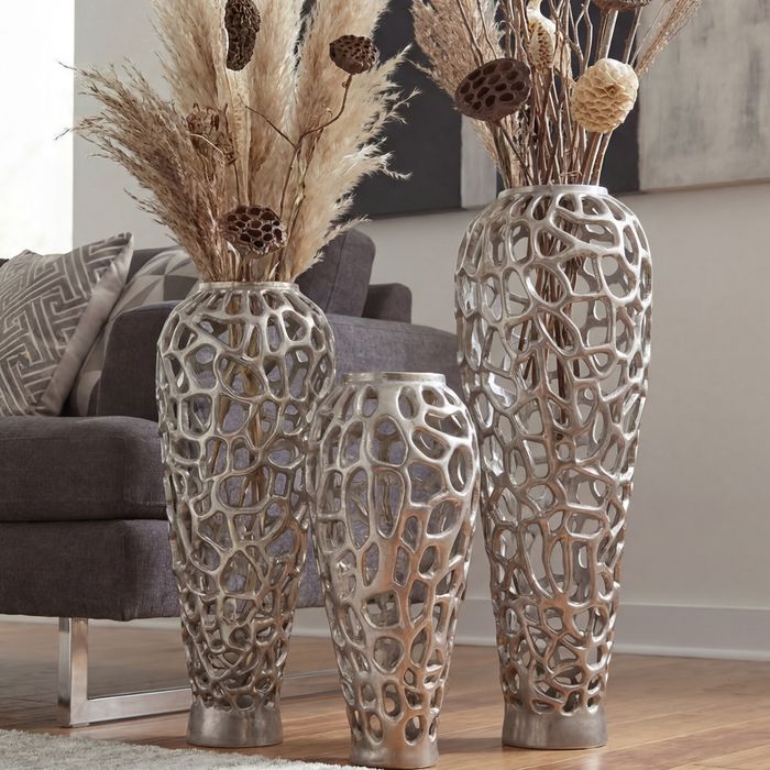 FineBuy Bodenvase Aluminium Silber - Design Blumenvase Groß - Metallvase Modern - Dekovase rund für Trockenblumen - Standvase Hoch - Wohnzimmer Deko - Wohndeko Handmade