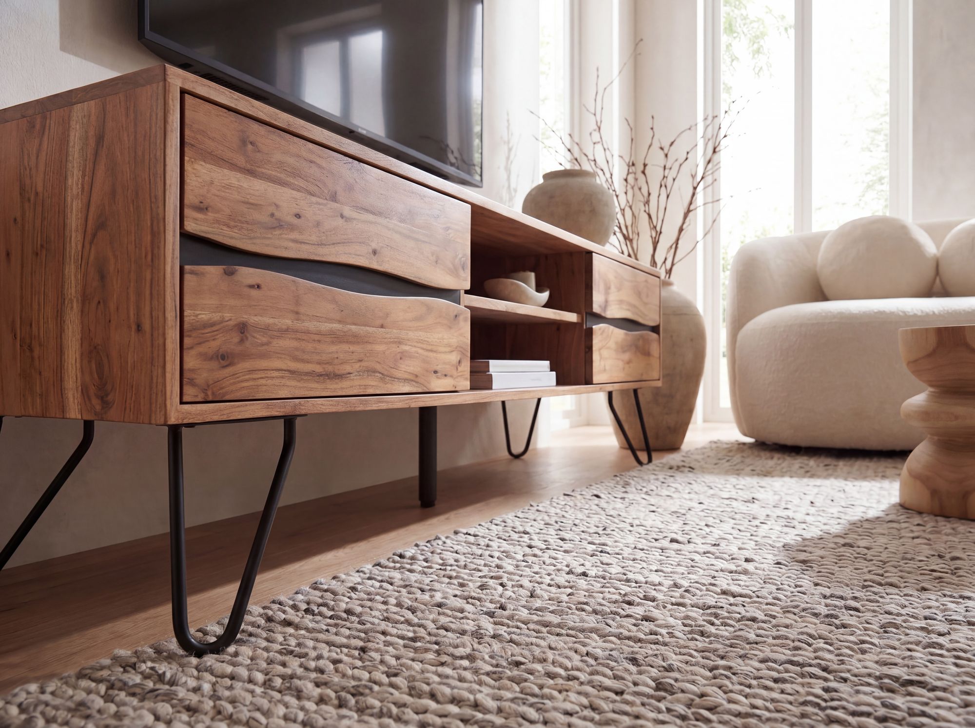 TV Board Lowboard Fernsehschrank Akazie Massivholz 160cm Fernsehtisch mit Türen – Ansicht 5