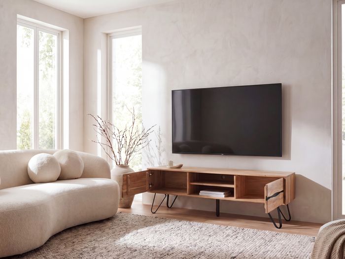 FineBuy Lowboard 160cm TV Kommode Akazie Massivholz Rechteckig mit 2 Türen - Design TV Schrank - Moderner Fernsehtisch Fernsehschrank - Fernsehkommode Wohnzimmer Handmade