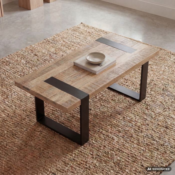 FineBuy Couchtisch Mango Massivholz 100x50cm, Wohnzimmertisch Industrial Design, Sofatisch Holz mit Metall Kufengestell schwarz, rechteckig handgefertigt