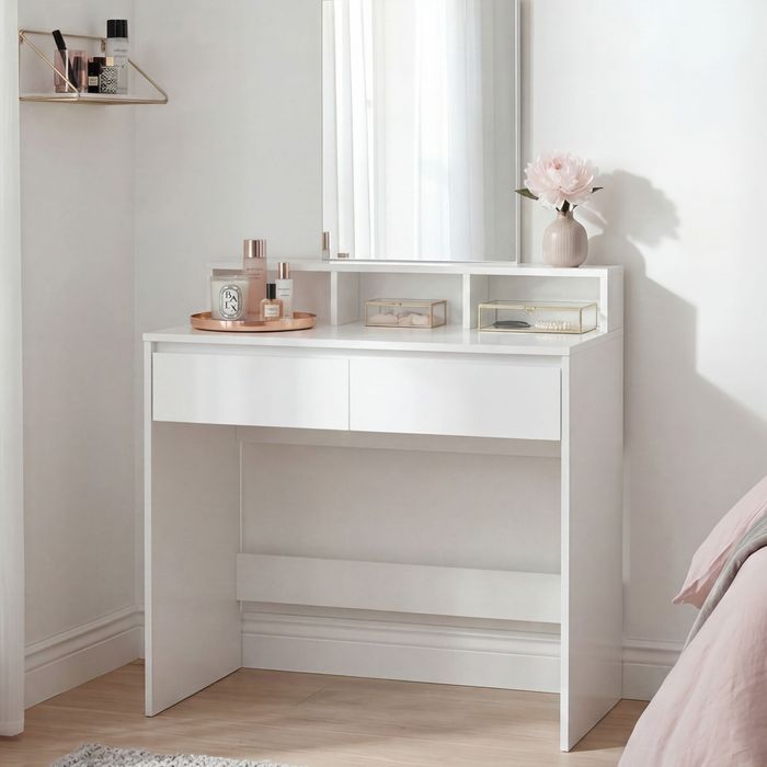 FineBuy Schminktisch 80cm Weiß Kosmetiktisch Modern - Frisiertisch mit Spiegel und Regal - Weiße Frisierkommode mit 2 Schubladen - Moderner Make-Up-Tisch Groß