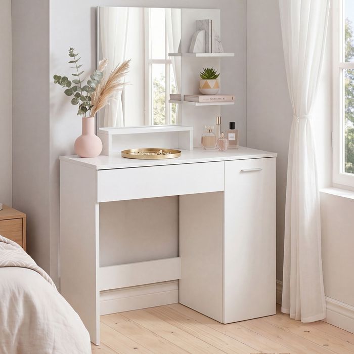 FineBuy Schminktisch 90cm Weiß Kosmetiktisch Modern - Frisiertisch mit Spiegel und Regal - Weiße Frisierkommode mit Schublade und Tür - Moderner Make-Up-Tisch Groß