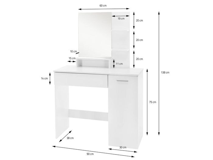 Schminktisch 90cm Kosmetiktisch Frisiertisch Weiß Spiegel Make-Up-Tisch Regal – Maßzeichnung