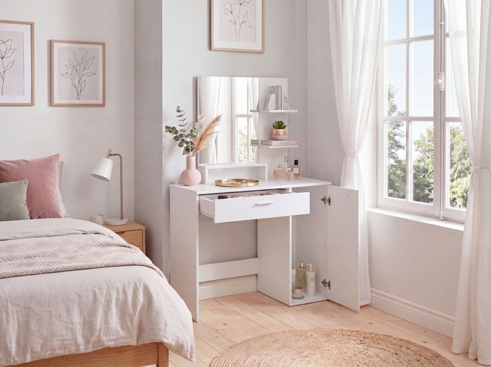 FineBuy Schminktisch 90cm Weiß Kosmetiktisch Modern - Frisiertisch mit Spiegel und Regal - Weiße Frisierkommode mit Schublade und Tür - Moderner Make-Up-Tisch Groß