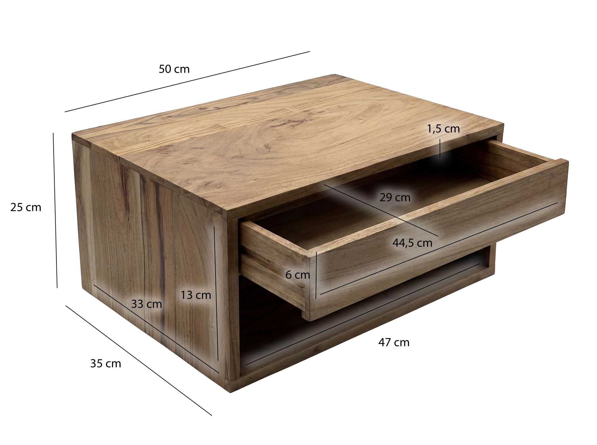 Nachttisch 50x35cm Massivholz Nachtkonsole Hängend mit Schublade schwebend – Ansicht 3