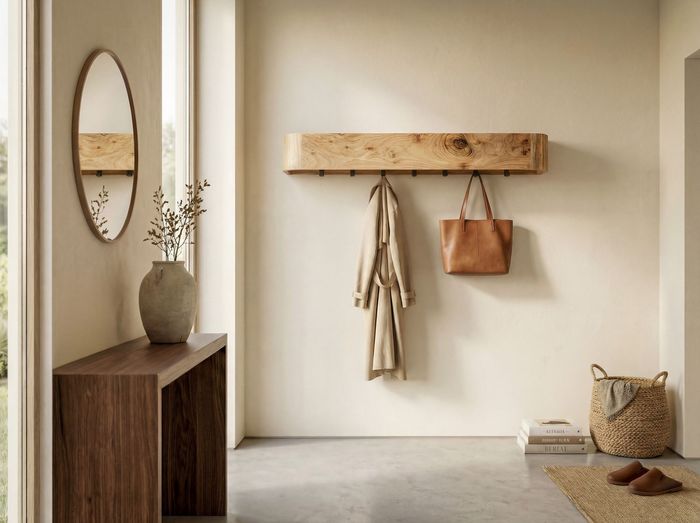 FineBuy Wandgarderobe Akazie Massivholz 100cm - Modernes Garderobenpaneel Hängegarderobe mit 7 Haken - Garderobenleiste Flurgarderobe Massiv Handgefertigt