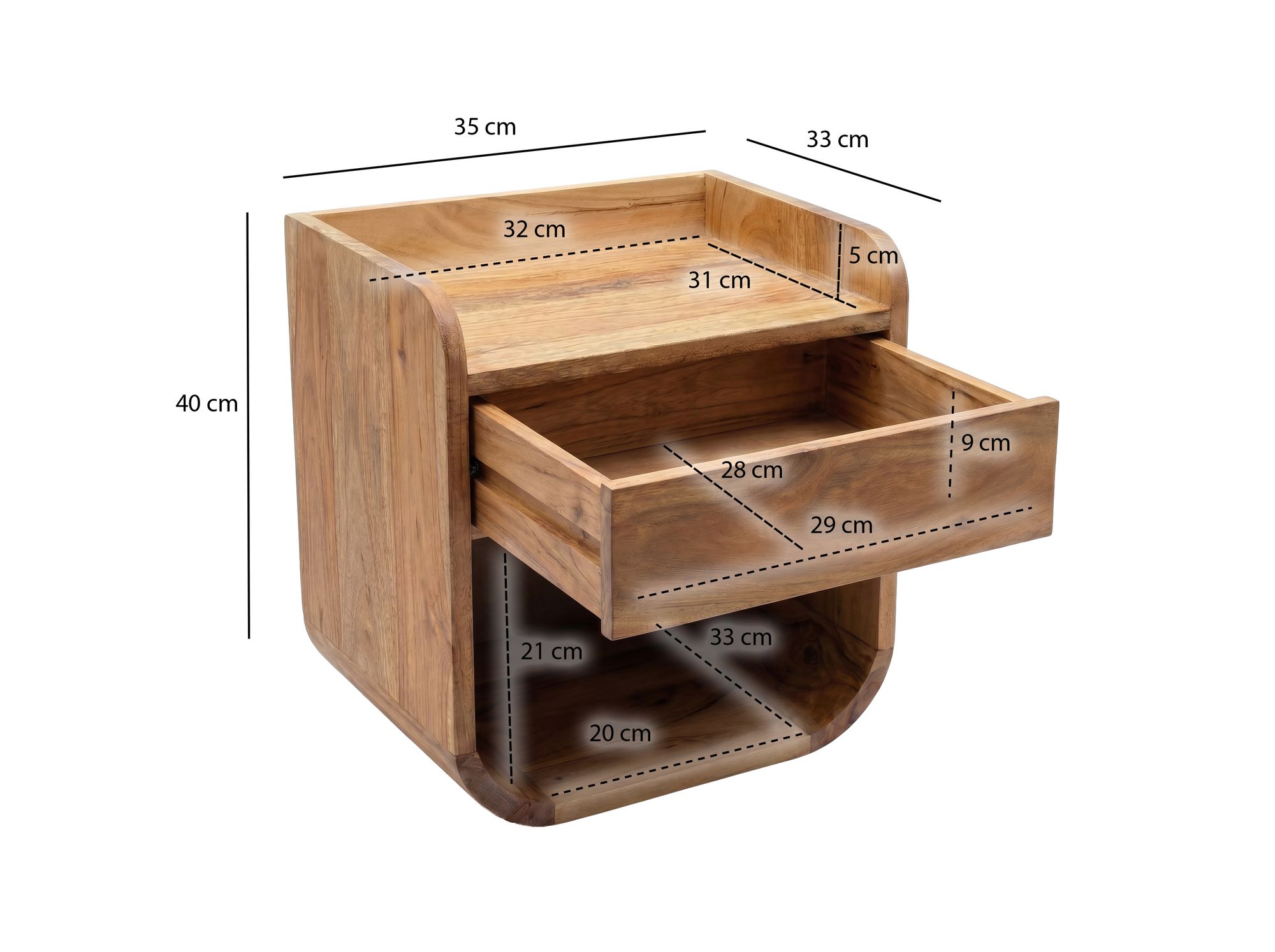 Nachttisch 35x33cm Massivholz Nachtkonsole Hängend Schublade schwebend Nako – Ansicht 3