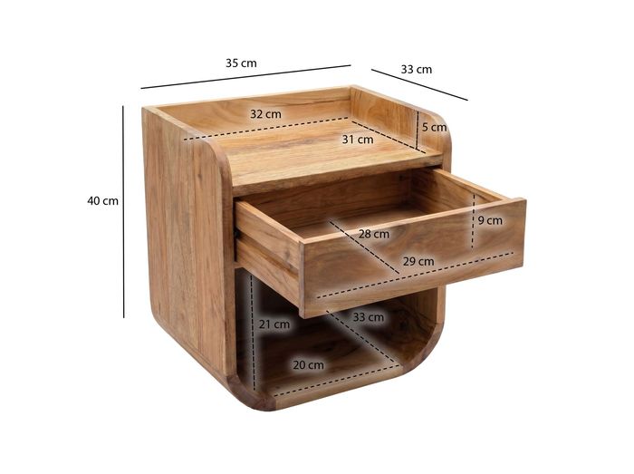Nachttisch 35x33cm Massivholz Nachtkonsole Hängend Schublade schwebend Nako – Maßzeichnung