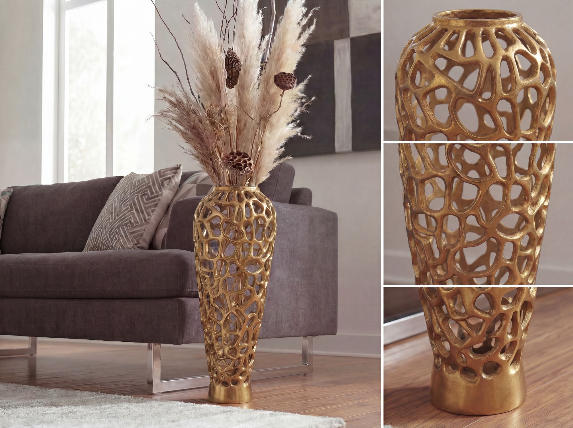 Vase Aluminium Gold Blumenvase Bodenvase Wohndeko Groß Rund Dekovase Handmade – Ansicht 4