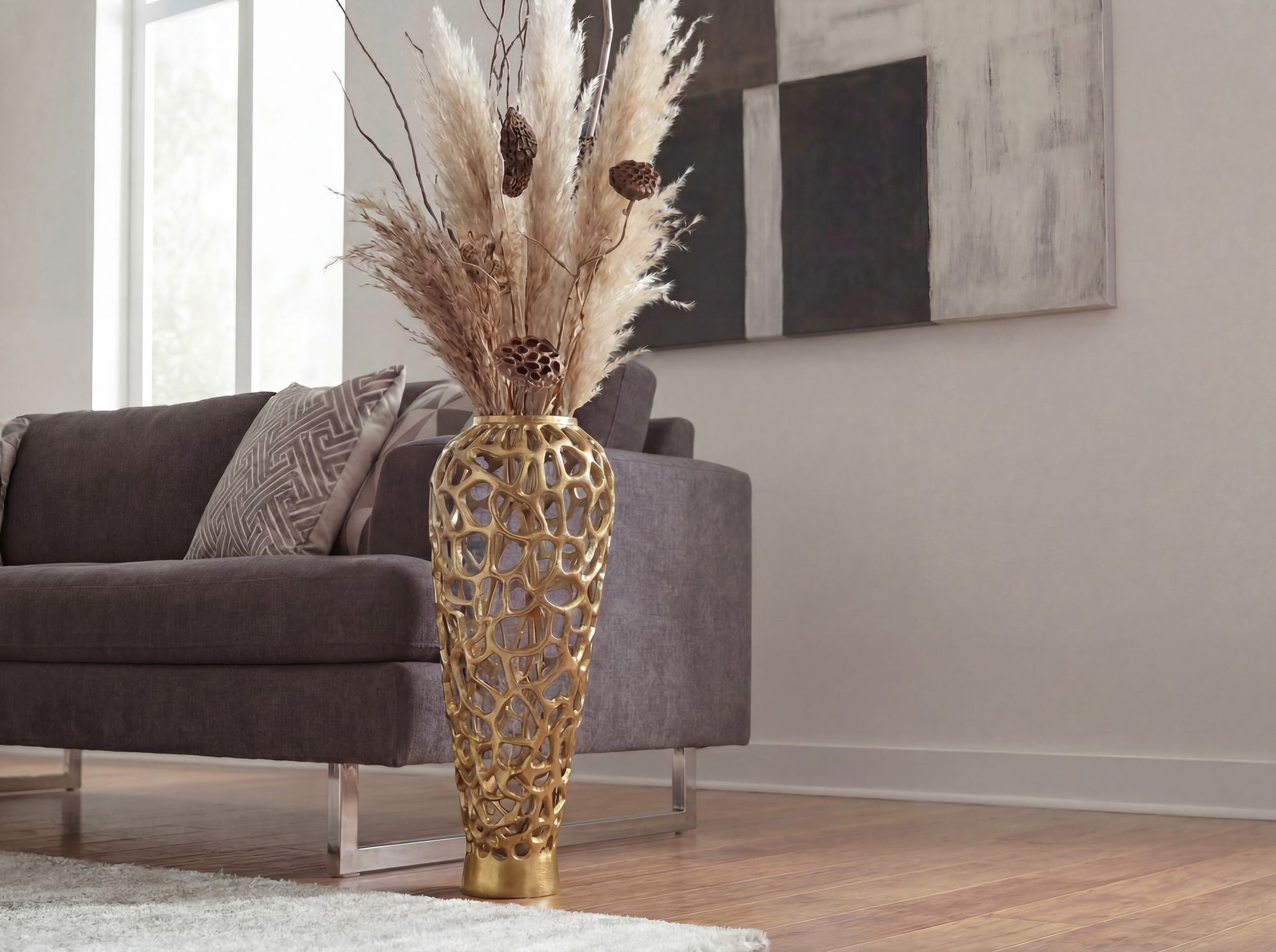 Vase Aluminium Gold Blumenvase Bodenvase Wohndeko Groß Rund Dekovase Handmade – Ansicht 2