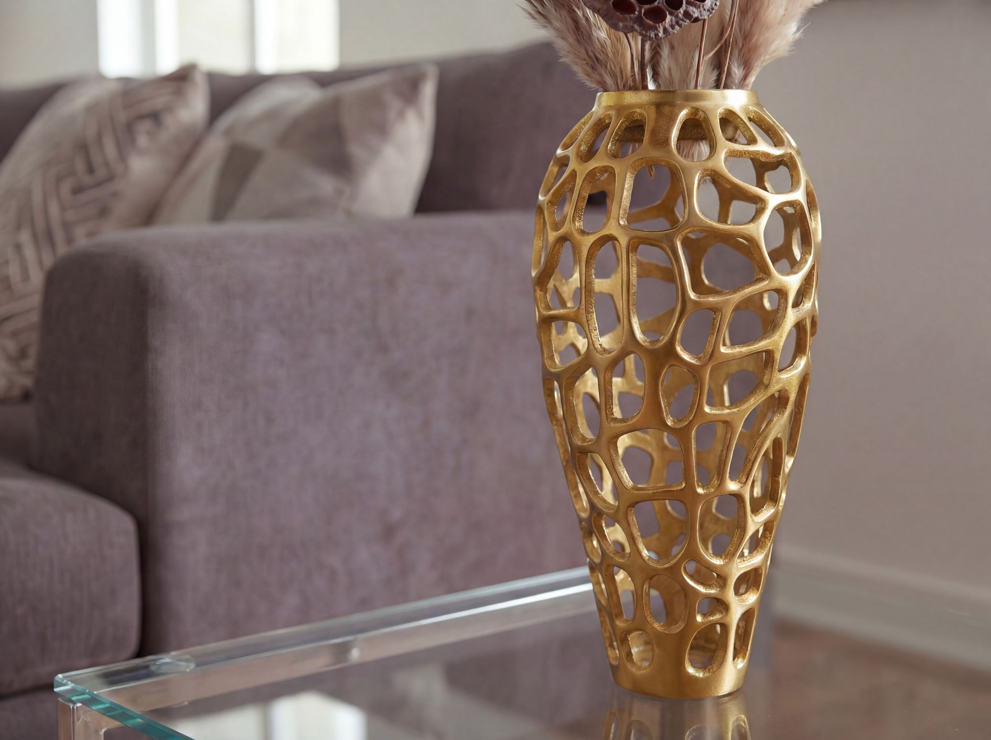 Vase Aluminium Gold Blumenvase Bodenvase Wohndeko Groß Rund Dekovase Handmade – Ansicht 5