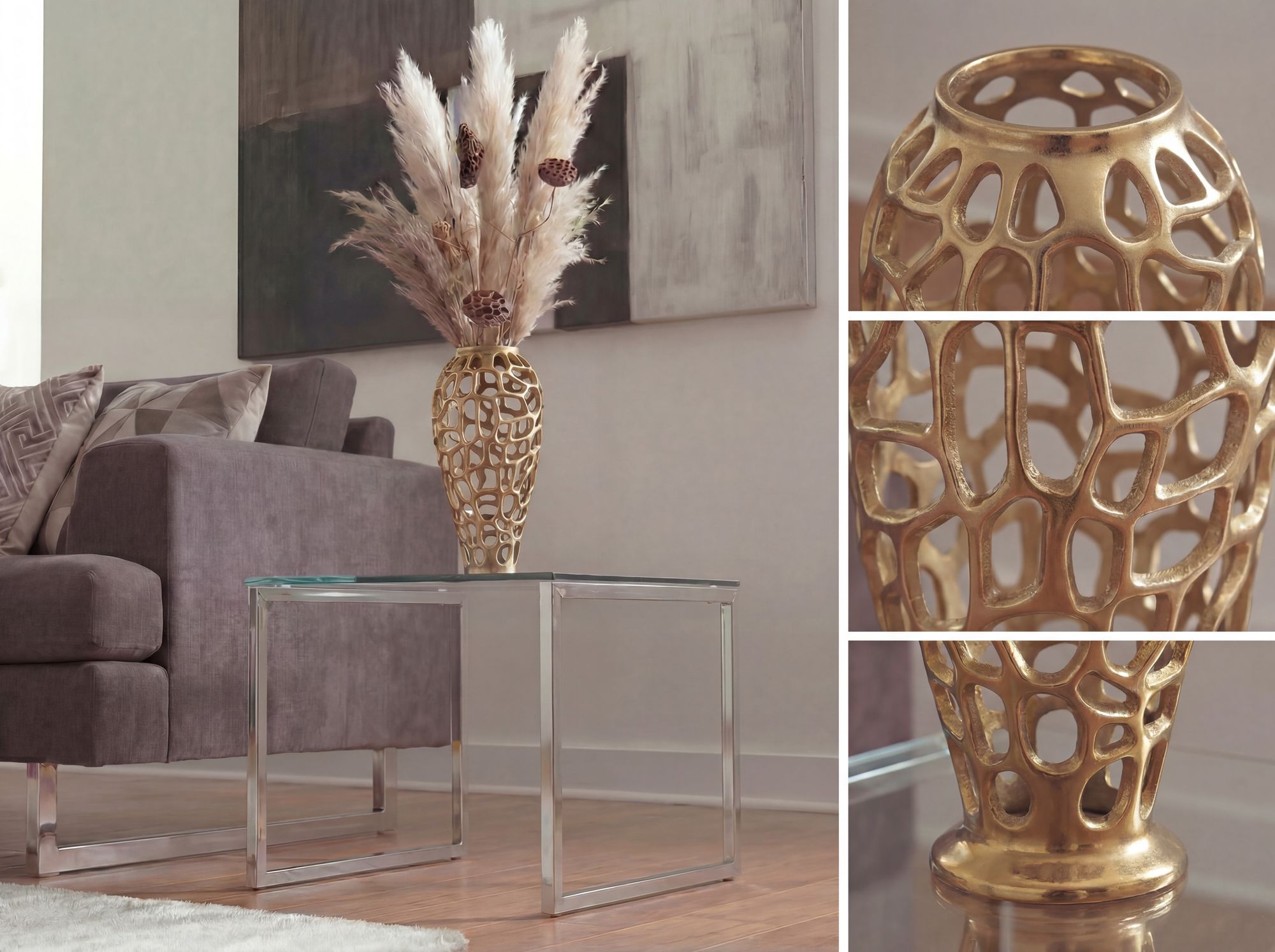 Vase Aluminium Gold Blumenvase Bodenvase Wohndeko Groß Rund Dekovase Handmade – Ansicht 4
